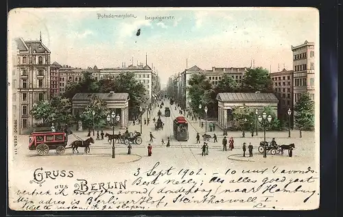 Lithographie Berlin, Potsdamerplatz und Leipzigerstrasse mit Strassenbahnen und Pferdekutschen