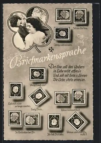 AK Briefmarkensprache, Der eine soll den Andern in Liebe recht erfreu`n...