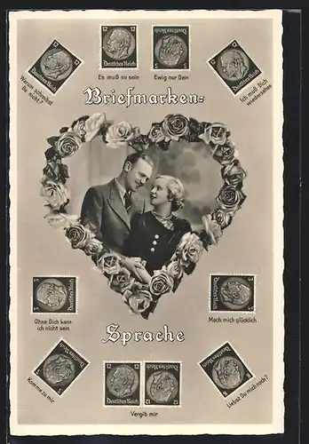 AK Briefmarkensprache, Liebespaar im Blumenherz, Ausrichtung der Briefmarken erklärt das Wort