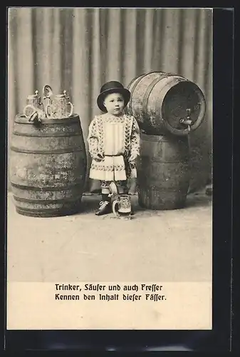 AK Gasthaus zum Finsterbachtal, Kleinkind in der Brauerei mit Fass und Bierkrug