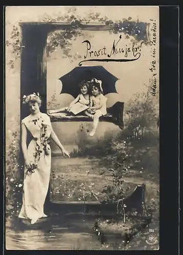 AK Buchstabe E, Zwei Kinder mit einem Schirm, Frau mit Rosen
