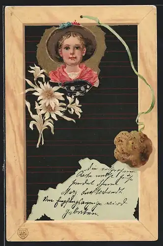 AK Schultafel mit Schwamm, Edelweis und Kinderportrait
