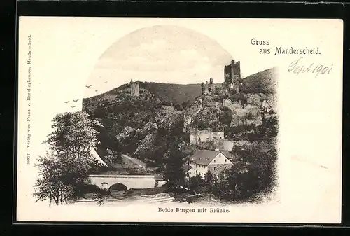 AK Manderscheid, Ortsansicht mit beiden Burgen und Brücke