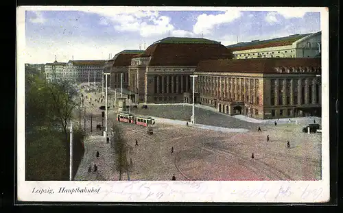 AK Leipzig, Strassenbahn vor dem Hauptbahnhof