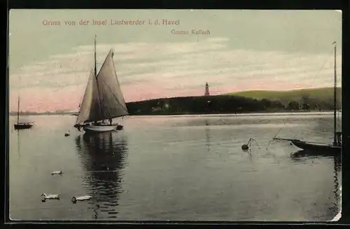 AK Berlin-Lindwerder i. d. Havel, Leuchtturm in der Dämmerung