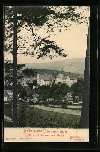 AK Schwarzenberg im sächs. Erzgeb., Blick auf Schloss und Kirche mit Bäumen