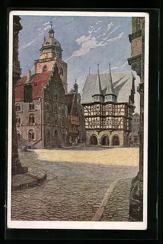 Künstler-AK Alsfeld i. Hessen, Blick auf das Rathaus am Marktplatz