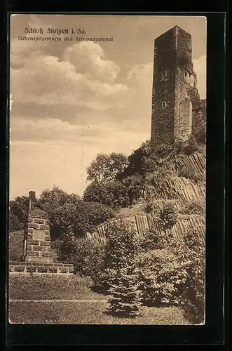 AK Stolpen i. Sa., Schloss, Siebenspitzenturm und Kriegerdenkmal