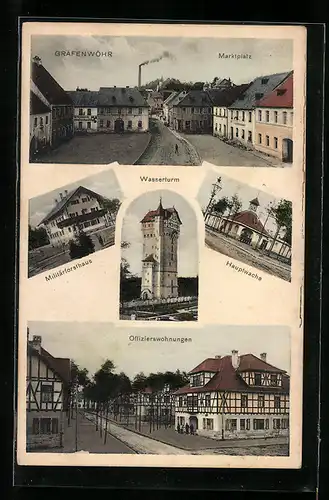AK Grafenwöhr, Marktplatz mit Eisenhandlung, Militärforsthaus, Wasserturm