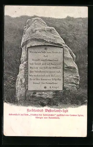AK Westerland, Gedenkstein auf dem Friedhof der Heimatlosen
