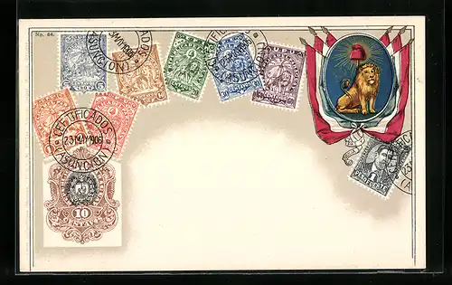 AK Paraguay, Briefmarken und Wappen mit Fahnen