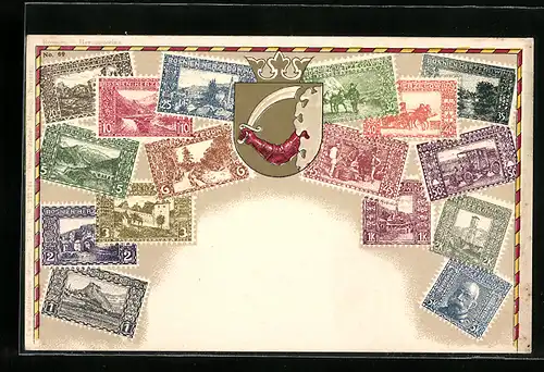 Künstler-AK Wappen und Briefmarken aus Bosnien-Herzegowina