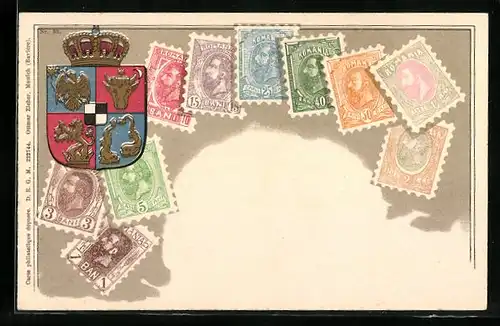 AK Briefmarken mit Wappen von Rumänien