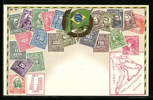 AK Briefmarken, Landkarte und Fahne Brasilien, Ehrenkranz