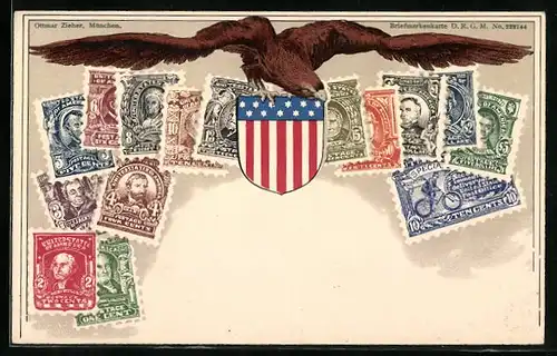 AK Briefmarken mit Präsidentenbildnissen der Vereinigten Staaten von Amerika