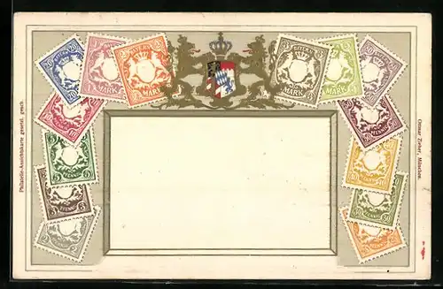AK Briefmarken Bayerns mit Wappen und Krone