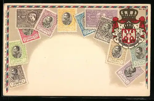 AK Briefmarken und Wappen Serbiens