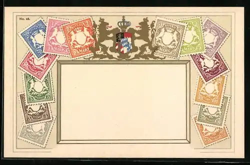 AK Briefmarken Bayerns mit Wappen und Krone