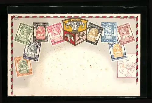 AK Briefmarken und Wappen von Siam