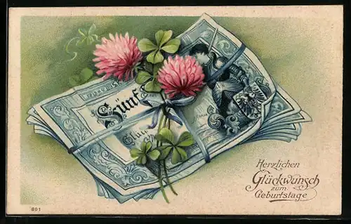 AK Geldbündel und blühender Klee, Glückwunsch zum Geburtstag
