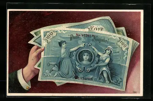 AK Neujahrsgruss, Geldscheine