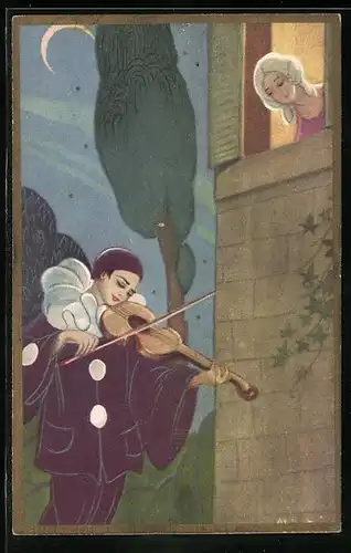 Künstler-AK Harlekin spielt Geige vor dem Fenster seiner Angebeteten, Art Deco