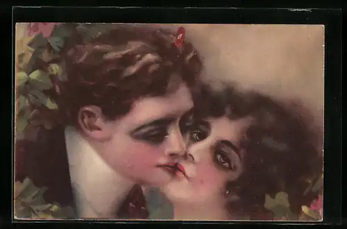 Lithographie Sich küssendes Paar, Art Deco
