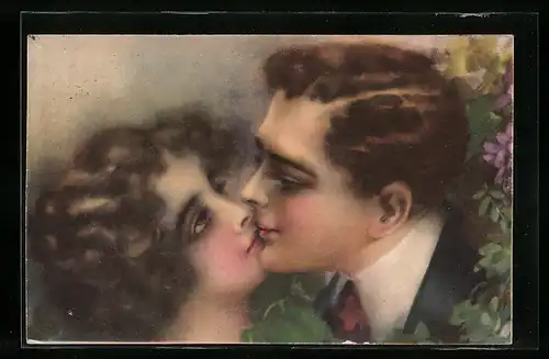 AK Ein Liebespaar küsst sich, Art Deco