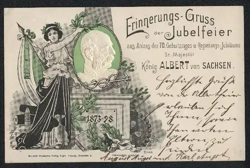 AK König Albert von Sachsen, 70. Geburtstags- und Regierungs-Jubiläum 1873-98, Felicitas / Iris hält ein Portrait