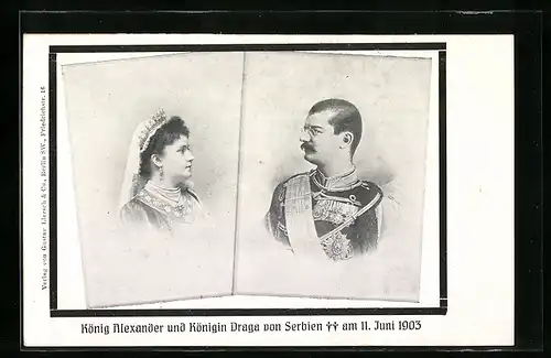 AK Portraits König Alexander in Uniform und Königin Draga von Serbien mit Krone u. Kleid, 1903