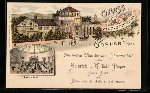 Lithographie Goslar /Harz, Paul`s Hotel zum Achtermann, Altdeutsche Bierhalle zum Achtermann