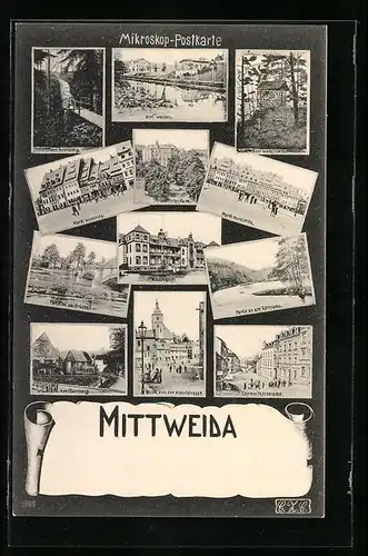 AK Mittweida, Mikroskop-Postkarte, drei Werden, Markt, Partie an der Zschopau