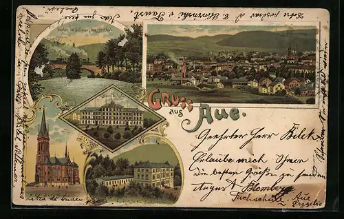 Lithographie Aue, Ortsansicht, Fachschule für Blecharbeiter, Neue Kirche, Neue Schule, Partie im Schwarzwasserthal