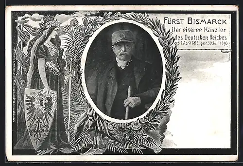 AK Fürst Bismarck im Portrait, Der eiserne Kanzler, Germania mit Schild und Schwert