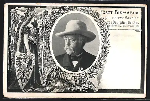 AK Fürst Bismarck, der eiserne Kanzler, Portrait mit Hut und Germania