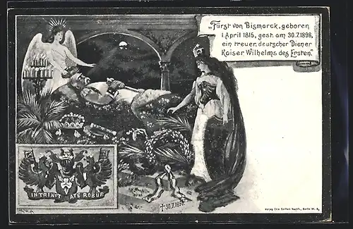 Künstler-AK Engel am aufgebahrten Leichnam von Fürst von Bismarck, Germania, Wappen