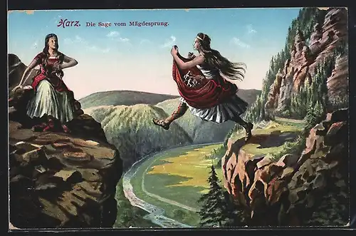Künstler-AK Harz, Die Sage vom Mägdesprung