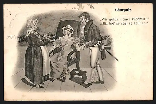 Künstler-AK Churpalz, Arzt erkundigt sich nach dem Wohlbefinden seiner Patientin, Medizin