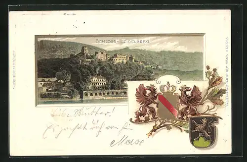 Passepartout-Lithographie Heidelberg, Blick zum Schloss, Wappen