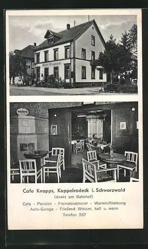 AK Kappelrodeck / Schwarzwald, Cafe Knapps direkt am Bahnhof, Innen- und Aussenansicht