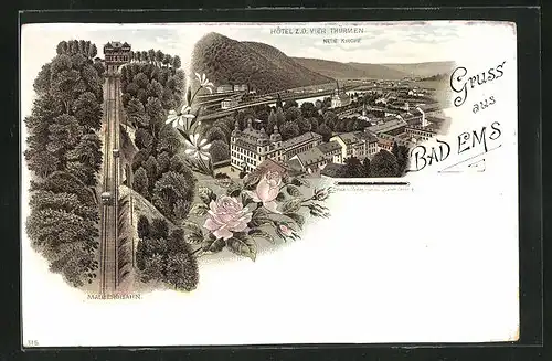 Lithographie Bad Ems, Hôtel z. d. vier Türmen, Neue Kirche, Malbergbahn