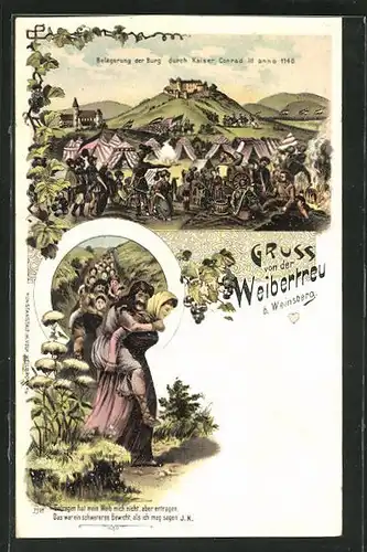 Lithographie Weinsberg, Belagerung der Burg Weibertreu durch Kaiser Conrad III 1140