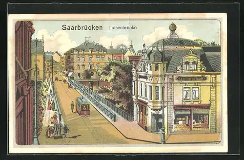 AK Saarbrücken, Luisenbrücke mit Strassenbahn