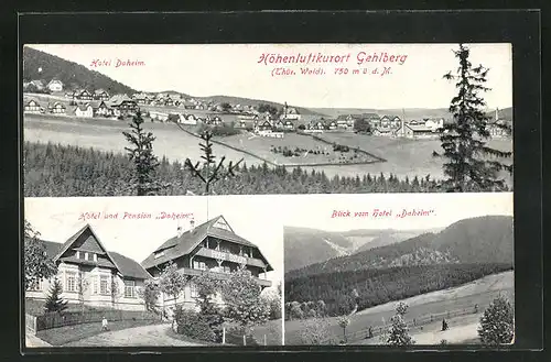 AK Gehlberg, Gesamtansicht mit Hotel Daheim, Blick vom Hotel Daheim ins Tal