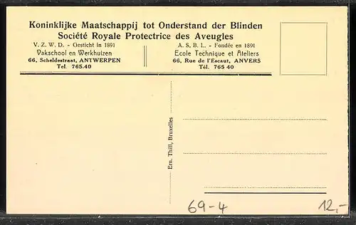 AK Anvers, Société Royale Protectrice des Aveugles, Chaiserie (rempaillage), Blindenwerkstatt