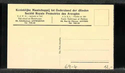 AK Anvers, Société Royale Protectrice des Aveugles, Chaiserie et divers, Blindenwerkstatt