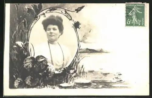 AK Frauenportrait im Passepartout-Rahmen, Uferpartie mit Seerosen