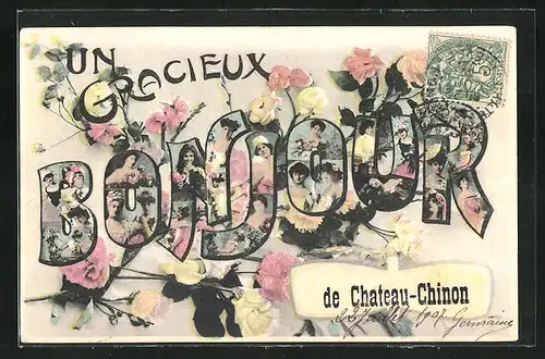 AK Chateau-Chinon, Grusskarte mit Frauen & Blumen