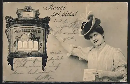 AK Frau wirft Brief in den Postbriefkasten