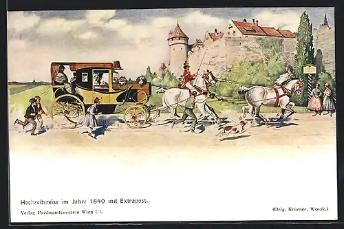 AK Postkutsche, die Hochzeitsreise im Jahre 1840 mit Extrapost